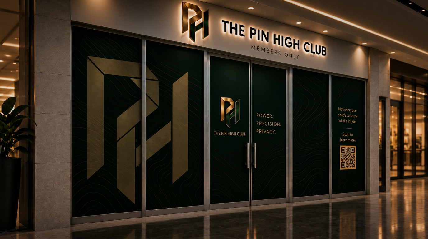 The clearly signed Pin High Club storefront with cinematic evening lighting and darkened doors for member privacy