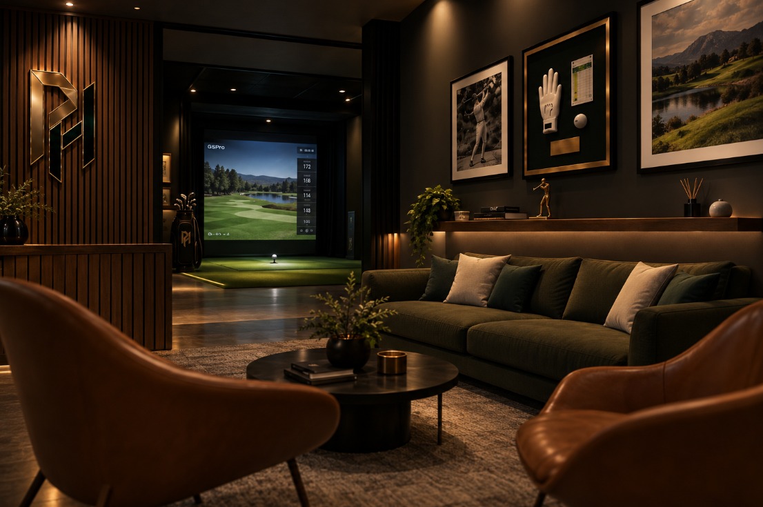Private lounge with leather chairs and an olive-green sofa
